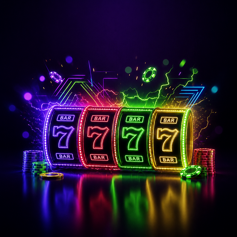 Spinning slot machine reels with golden coin shower effect